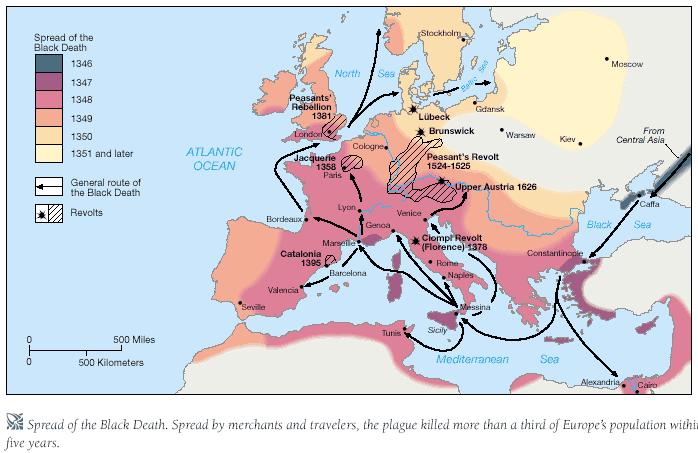 Between 1347 and 1351, the bubonic plague killed about