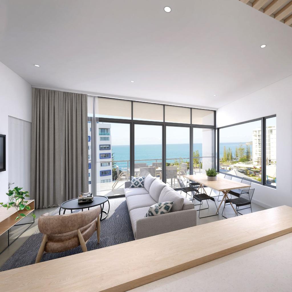 APARTMENT FEATURES Secure serviced elevator to all levels One, two and three bedroom apartments Three bedroom penthouses available Hinterland views available Open plan living Ocean views