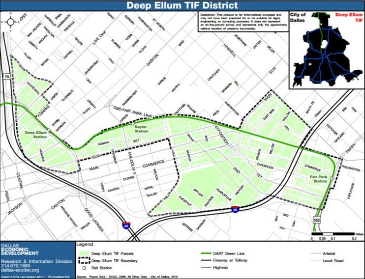 In 2007, the City of Dallas actively began encouraging residential development in the area, which is served by the DART Green Line with stops at the Deep Ellum and Baylor University Medical Center