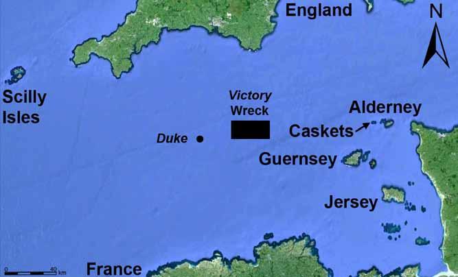 Fig. 3. The western English Channel depicting areas of interest in the sinking of the Victory, and showing the very general location of the wreck site.