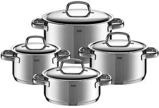 Elegant, rounded, stainless steel design. A see-through lid with stainless steel rim allows for water-reduced, energy-efficient cooking. Ovenproof, ergonomic handles made of polished stainless steel.