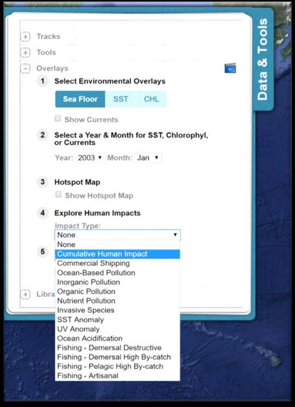 Go to http://oceantracks.org/map. In the Data & Tools tab, expand Overlays. Go to #4: Explore Human Impacts and select Cumulative Human Impact from the dropdown menu.