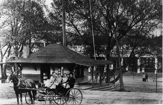Electric streetcar advertising vaudeville at Lake Harriet, ca. 1895 Streetcar waiting station at 42nd St. and Queen Ave. built in 1900.