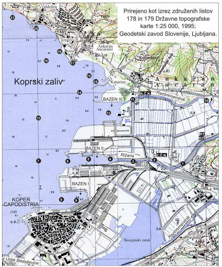 Slika 3: Merilna mesta v ustju reke Rižane in v notranjosti Koprskega zaliva 3.2.