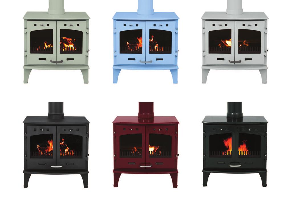 finishes as well as standard matt black 4 piece fire clay brick lined inner Large double door flame picture windows Top or rear flue options Maximum log length 300mm Gun Metal/Black Cast Iron