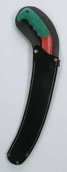 The optional pruner pouch fits pruners 8" and smaller and is made from top grain steer hide harness leather on the leather style and black top grain steer hide leather on the rubberized belting style.