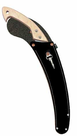 A riveted burgundy latigo leather strap on the front of the scabbard enables leg straps to be placed in just the right position and provides added stability.