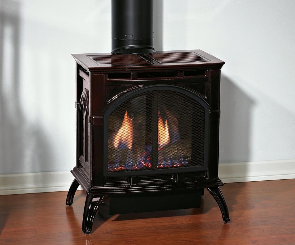 Direct-Vent Cast Iron Stove with Slope Glaze Burner Compact Venting: 4 x 6 5/8 (Use Black where Visible) Order by complete Part Number Pallet Quantity: 4 Includes: Fireplace Barrier Screen 4-piece