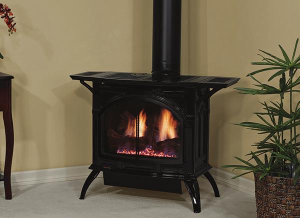 Direct-Vent Cast Iron Stove with Slope Glaze Burner Medium Venting: 4 x 6 5/8 (Use Black where Visible) Order by complete Part Number Pallet Quantity: 4 Includes: Fireplace Barrier Screen 4-piece Log