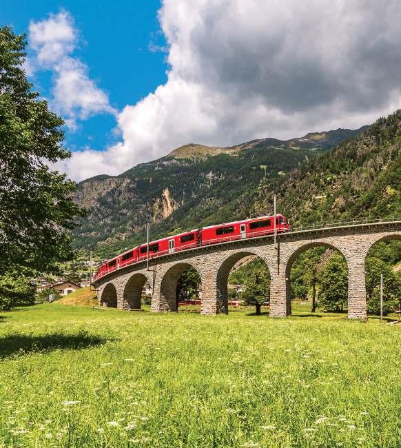 Crossing the Alps in style, the train climbs to an impressive 2,223m to the ernina