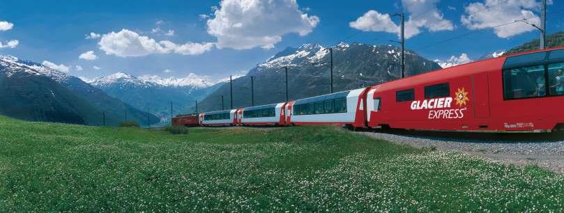 Highlights include the Oberalp Pass at 2,044m, views of the 17th century monastery at Disentis and the dramatic Rhine Gorge.