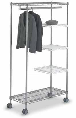 Wire shelves with plastic powder coating, white. Finish: High-gloss, chrome-plated uprights, wire shelves and coat rail, half shelves with plastic powder coating, white.