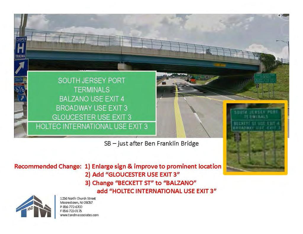 - ~ HOLTEC INTERNATIONAL USE EXIT 3 SB - just after Ben Franklin Bridge Recommended Change: 1) Enlarge sign & improve to prominent location 2} Add "GLOUCESTER USE EXIT 3"