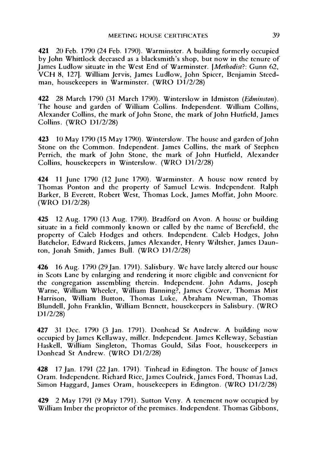 MEETING HOUSE CERTIFICATES 39 421 20 Feb. 1790 (24 Feb. 1790). Warminster.