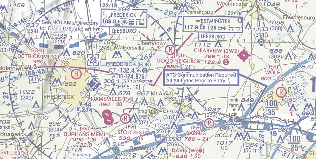 VFR PROCEDURES EAST - ARRIVALS OVER WESTMINSTER VOR (EMI) CAUTION P-40 EXPANDED FREDERICK AIRPORT TOWER 132.4 MT PLEASANT N39 27 16.02 W77 19 32.00 300 @ 5NM NEW MARKET N39 22 57.81 W77 16 13.