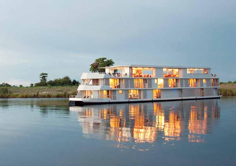 AFRICA Float along the Chobe River on board luxurious Zambezi Queen vintages in handsome dining cars serving up artful menus as the stunning scenery scrolls by.
