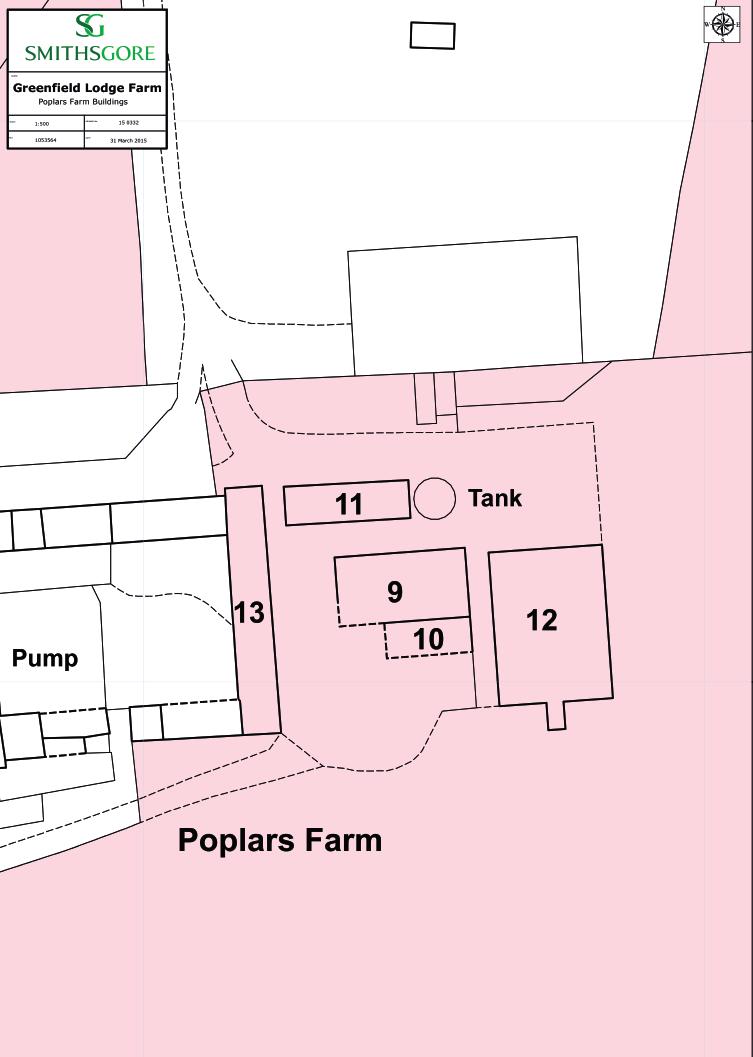 6m 12 27.6m x 20m 13 44.22m x 6.62m Cart shed of brick and stone elevations with two enclosed bays under a slate roof. Steel framed grain store with central tunnel and galvanised grain walling.