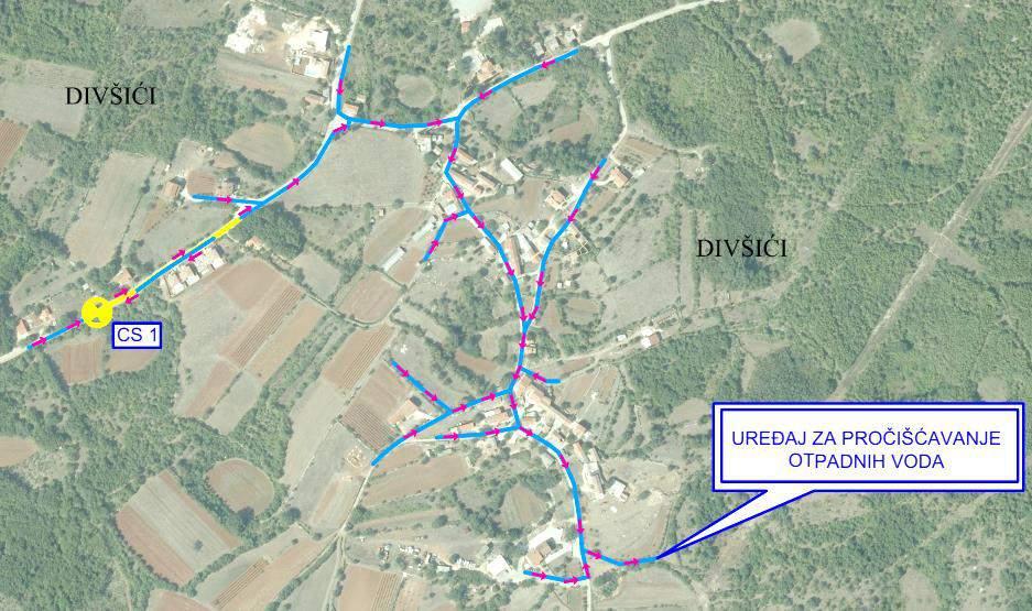 Slika 2.3.27-1. Prikaz planiranog sustava odvodnje naselja Divšići Kanalizacijska mreža ima sljedeće osnovne elemente: - izgradnja gravitacijske mreže sanitarnih kolektora u duljini od cca 1.