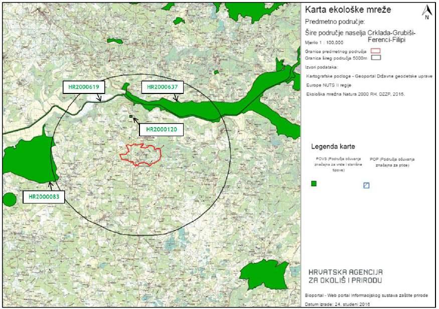 Slika 3.1.8.2-3. Izvod iz Karte ekološke mreže RH (Natura 2000) na širem području zahvata sustava javne odvodnje i zaštite voda naselja Crklada Grubiši - Ferenci - Filipi (podloga preuzeta s www.