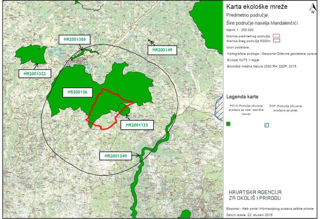 Slika 3.1.8.11-3. Izvod iz Karte ekološke mreže RH (Natura 2000) na širem području zahvata sustava javne odvodnje i zaštite voda naselja Mandalenčići (podloga preuzeta s www.bioportal.hr) 3.1.8.12.