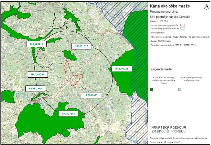 Slika 3.1.8.12-3. Izvod iz Karte ekološke mreže RH (Natura 2000) na širem području zahvata sustava javne odvodnje i zaštite voda naselja Cerovlje (podloga preuzeta s www.bioportal.hr) 3.1.8.13.