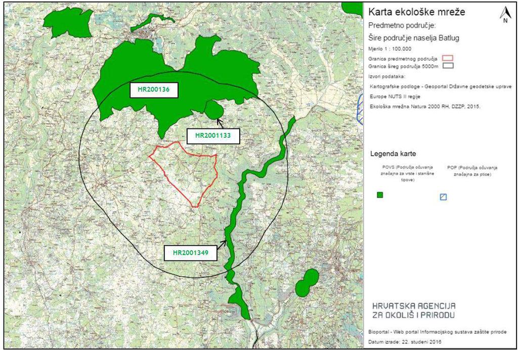 Slika 3.1.8.17-3. Izvod iz Karte ekološke mreže RH (Natura 2000) na širem području zahvata sustava javne odvodnje i zaštite voda naselja Batlug (podloga preuzeta s www.bioportal.hr) 3.1.8.18.