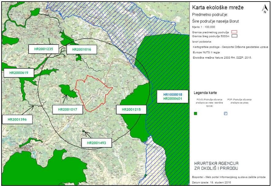 Slika 3.1.8.18-3. Izvod iz Karte ekološke mreže RH (Natura 2000) na širem području zahvata sustava javne odvodnje i zaštite voda naselja Borut (podloga preuzeta s www.bioportal.hr) 3.1.8.19.