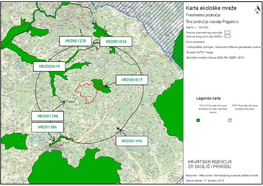 Slika 3.1.8.24-2. Izvod iz Karte ekološke mreže RH (Natura 2000) na širem području zahvata sustava javne odvodnje i zaštite voda naselja Pagubice (podloga preuzeta s www.bioportal.hr) 3.1.8.25.