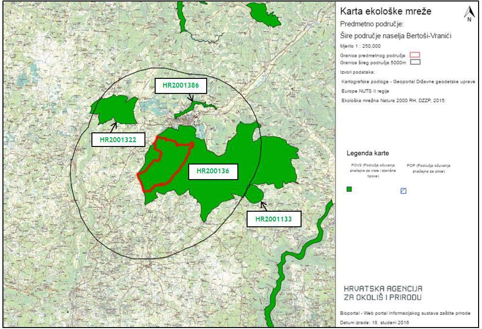 Slika 3.1.8.25-3. Izvod iz Karte ekološke mreže RH (Natura 2000) na širem području zahvata sustava javne odvodnje i zaštite voda naselja Bertoši-Vranići (podloga preuzeta s www.bioportal.hr) 3.1.8.26.