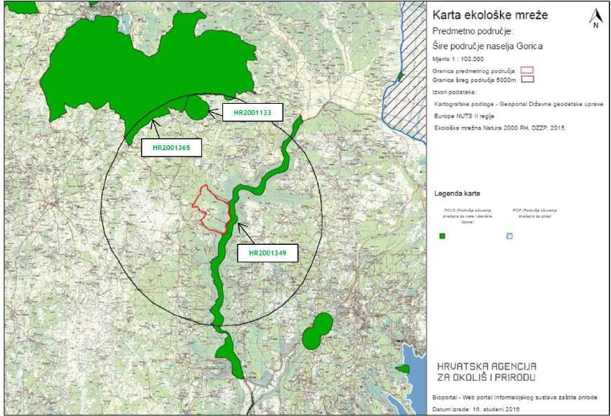 Slika 3.1.8.28-3. Izvod iz Karte ekološke mreže RH (Natura 2000) na širem području zahvata sustava javne odvodnje i zaštite voda naselja Gorica (podloga preuzeta s www.bioportal.hr) 3.1.8.29.