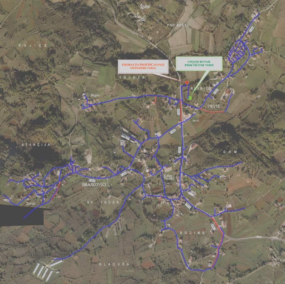 Slika 2.3.1-1. Prikaz planiranog sustava odvodnje naselja Brajkovići - Trviž Kanalizacijska mreža ima sljedeće osnovne elemente: gravitacijska mreža sanitarnih kolektora u dužini od 11.