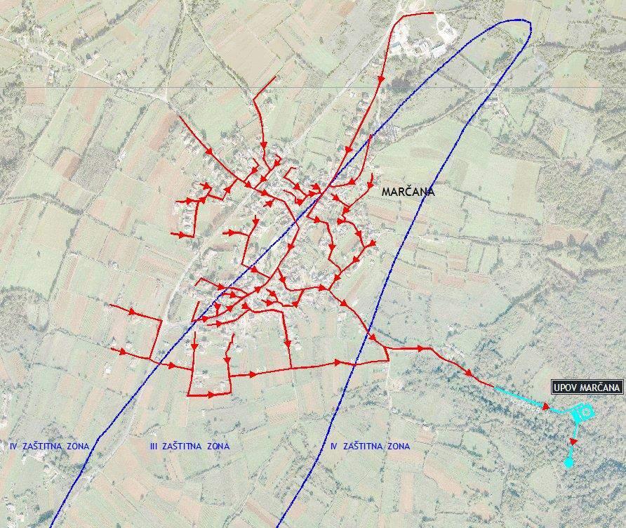 Slika 2.3.3-1. Prikaz planiranog sustava odvodnje naselja Marčana Sustavom odvodnje obuhvaćeno je samo naselje Marčana (895) te Vidasovi dvori (8), gdje će biti spojeno otprilike 85% kućanstva.
