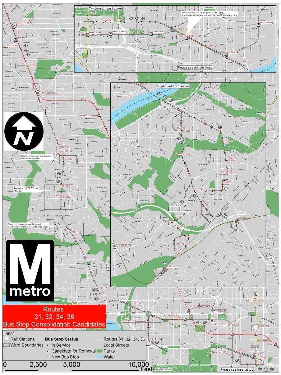 Summer 2014 WMATA proposed to consolidate bus stops on two lines The 23A,B,T, running from Crystal City to Tysons Corner in Virginia Had the highest bus stop density in Virginia The 30 s Line