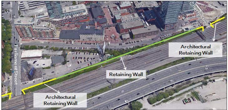 RETAINING WALLS NEEDED: PARLIAMENT STREET TO CHERRY STREET North of Rail Corridor Architectural retaining wall going through design excellence process Retaining wall with the possibility of