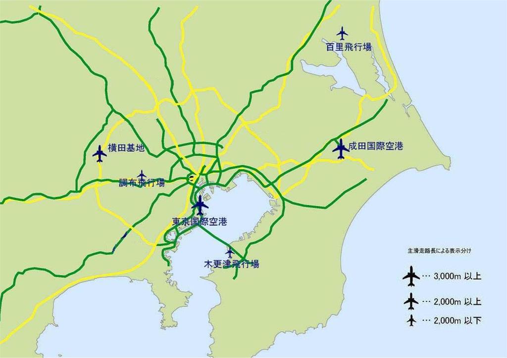 Airports around Capital Area Functional enhancement at Capital Area Airports toward the 2020 Olympics and Paralympics and beyond Takeoff Distance (major aircrafts) 50km Ibaraki Airport 2700m,2700m