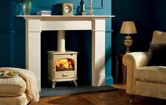 Dovre 250 multi-fuel stove in Ivory White enamel. Shown with Stovax Claremont Limestone Mantel.