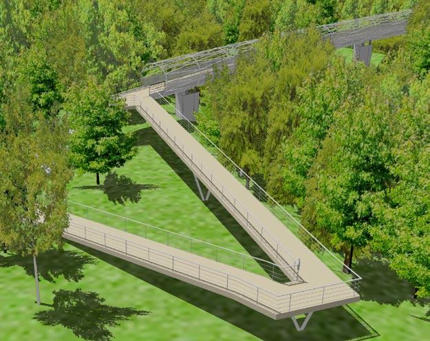 The landing of the proposed bridge emerges from this forest edge and the connecting ramps and stairs are intended to sit lightly on the ground plane.