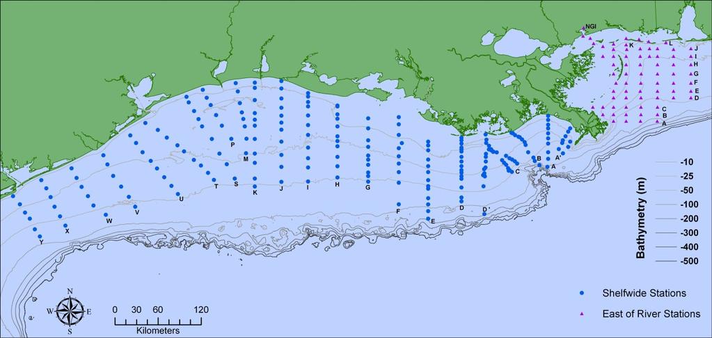 Cruises specifically for summer hypoxia have been conducted east of the Mississippi River off Mississippi and Alabama by researchers at the University of Southern Mississippi (USM), Dauphin Island