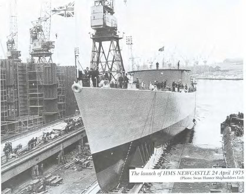 THE BUILDING OF HMS NEWCASTLE By the end of 1975 NEWCASTLE was becoming recognisable. Much of the superstructure had been completed and the masts and funnel had been lowered into position.