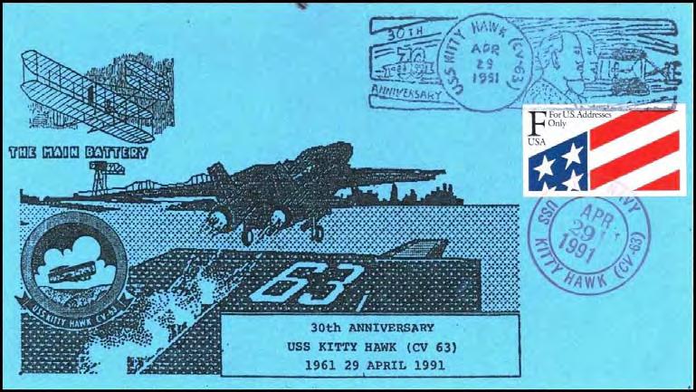 It bears Kitty Hawk s rubber stamp hand cancel (Locy Type 2-1(n+) (USN, USS, CV)) and was franked with a 22 Michigan Statehood commemorative stamp. The cancel is listed as A in the Postmark Catalog.