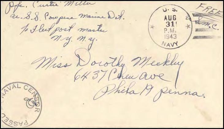 The cover is postmarked on August 31, 1943, two days after the ship departed Philadelphia for the Pacific Theatre via the Panama Canal.