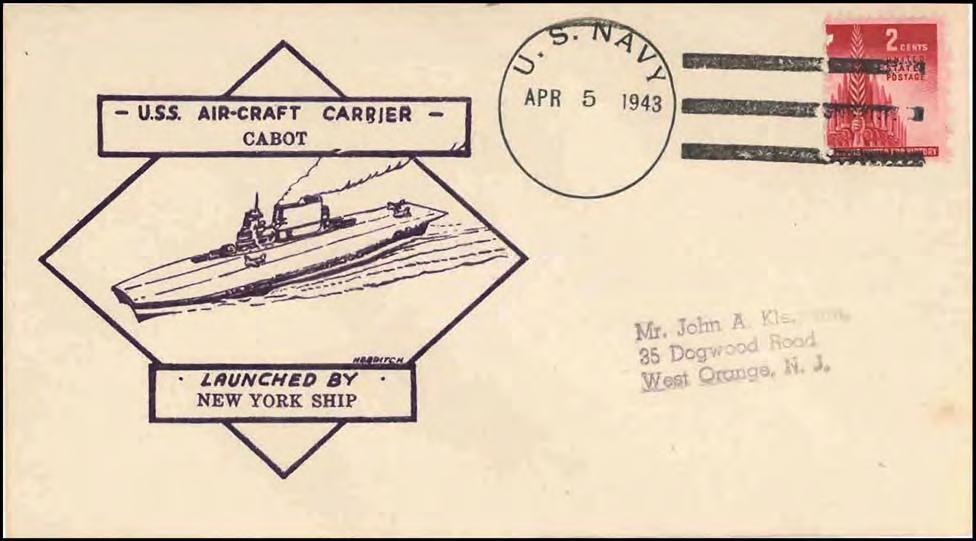 The cachet depicts a Lexington-class carrier from altitude off the port side from forward of amidships. The ship is moving at high speed as illustrated by the stylized wake and stack gasses.