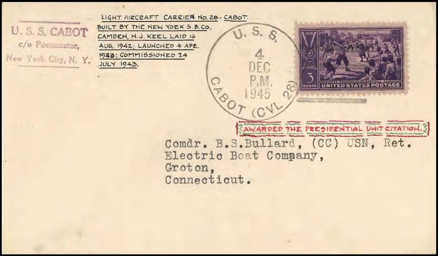 The cover, franked with a 3 purple baseball stamp, is addressed to a retired naval officer collector in the Constructors Corps (shipbuilders) with an address at Electric Boat in Groton Connecticut,