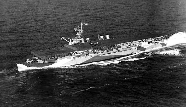 Lawrence B. Brennan NJ-Built Aircraft Carriers Page 76 NJ BUILT FAST AIRCRAFT CARRIERS, PART IV ~ Lawrence Brennan Fig. 105: USS San Jacinto (CVL-30) underway off the U.S. East Coast (position 36 55'N, 75 07'W) on January 23, 1944, with an SNJ training plane parked on her flight deck.