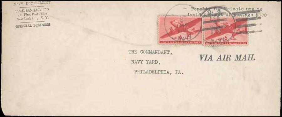 106: An uncensored Number 10 penalty envelope with USS San Jacinto s rubber stamp return address FPO New York.