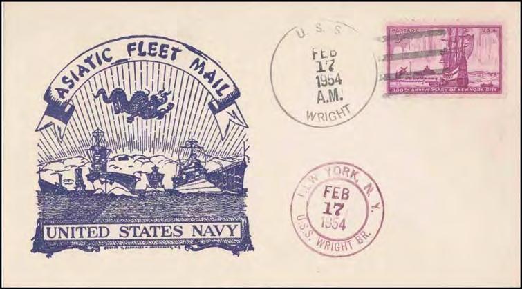 132: A printed cachet in blue ink showing a nearly bow-on view of a large carrier with an enclosed bow (similar to the pre-war Lexington-class), and cruisers and destroyers, plus an Asian dragon