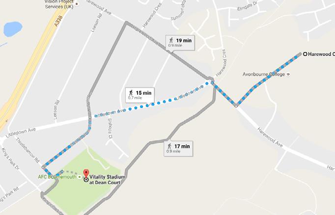 Parking Free matchday parking is available at Harewood College, which is only a 10 minute walk across the park to Vitality Stadium highlighted on the map below.