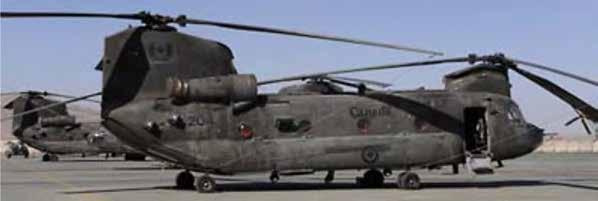 Afghanistan. The CH-147 Chinook is used for troop movement and transportation of equipment and supplies with a minimum range of 100 km at maximum loading in various climatic conditions.