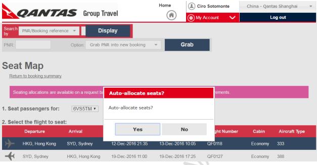 Once the user has selected the relevant flight to seat the passengers in, a pop-up will appear to ask the user if they wish to auto-allocate seats for this