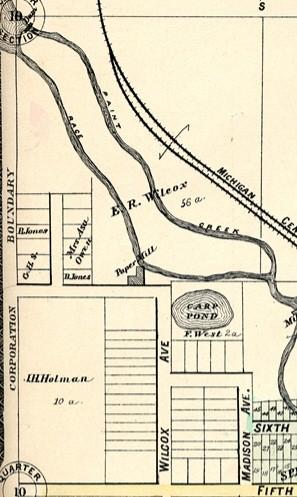 Appendix Figure 1. Wilcox Paper Mill and Mill Race Location 1896 plat map of Rochester, showing portion of Section 10 (now Rochester Municipal Park), with E. R. Wilcox paper mill location marked near foot of Wilcox Street and course of mill race lying west of Paint Creek.
